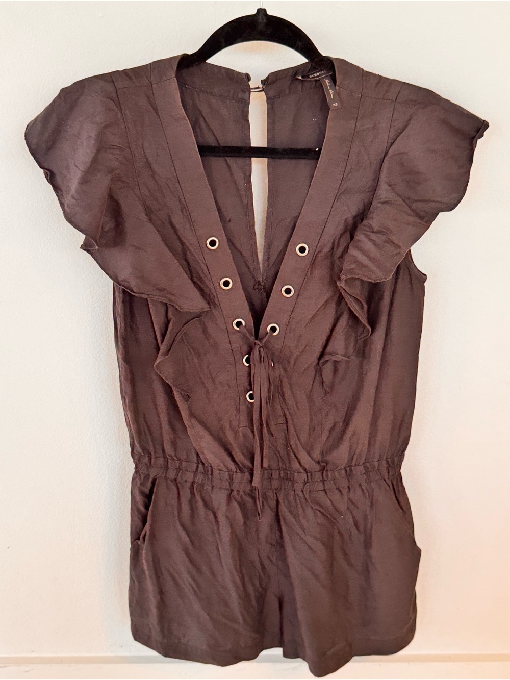 BCBG Brown Lace-Up Ruffle Romper